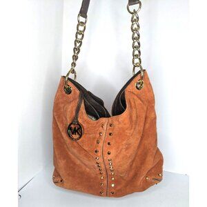 Michael Kors Suede Shoulder Purse Orange Persimmon Gold Accents Studded Dust Bag
